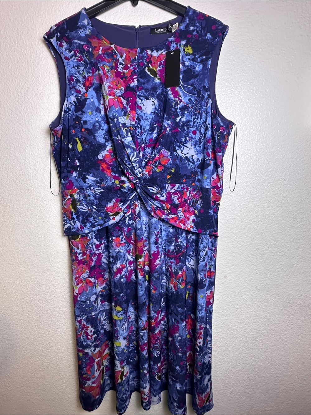 Lauren Ralph Lauren Women's Navy Floral Twist Front A-Line Knee Dress 22W